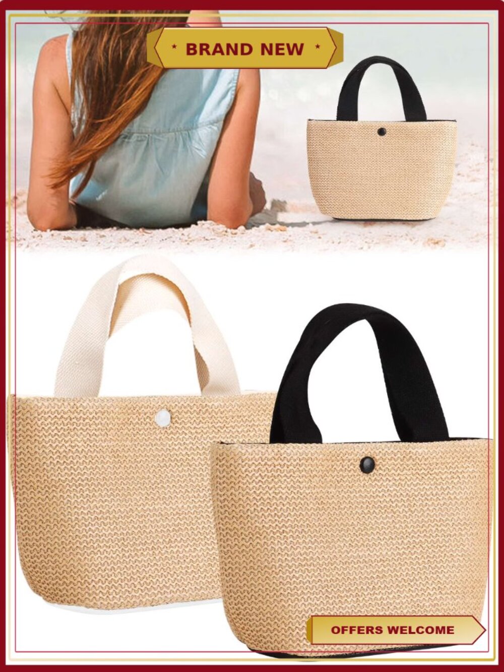 Straw Woven Tote Bag Boho Beach Handmade Weaving Shoulder Purse
